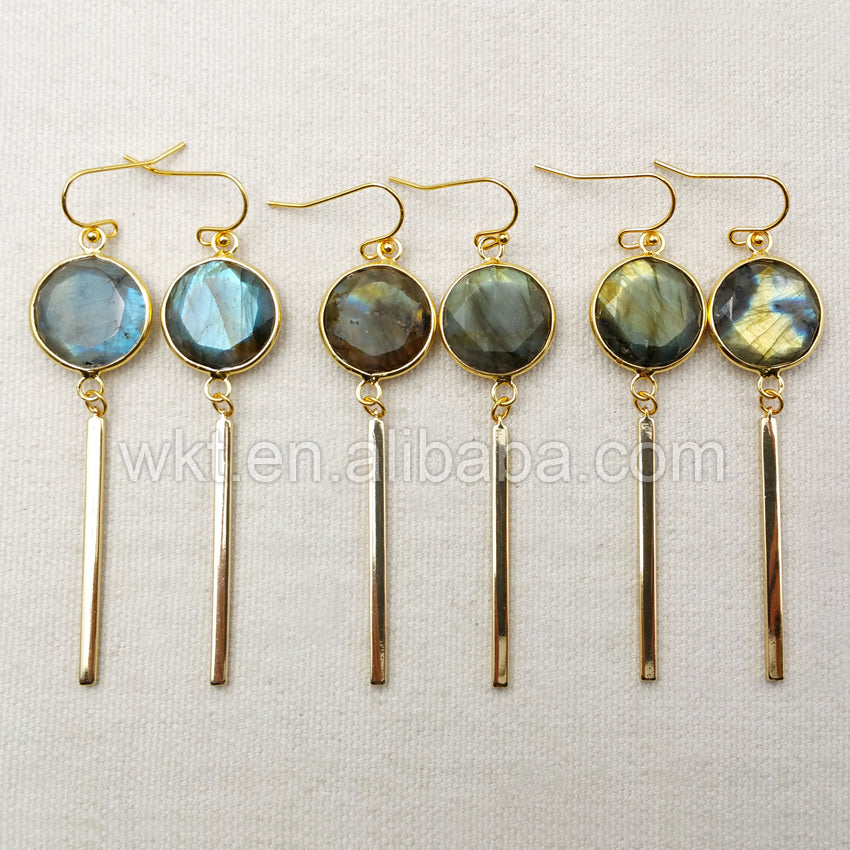 WT-E323 Wholesale Natural Round Labradorite Earring, 24K Real Gold Plated With Fashion Metal Bar Labradorite Earring