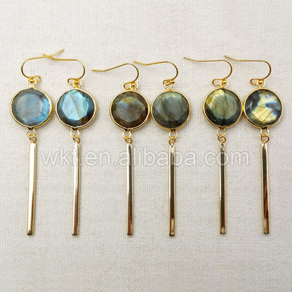 WT-E323 Wholesale Natural Round Labradorite Earring, 24K Real Gold Plated With Fashion Metal Bar Labradorite Earring