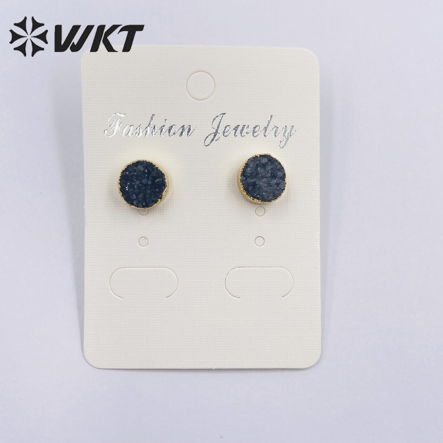 WT-E155 Wholesale Fashion 18k Real Gold Plated Natural Stone Studs Earrings Fashion Women Gold Trim Round Druzy Quartz Studs
