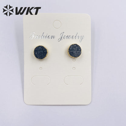 WT-E155 Wholesale Fashion 18k Real Gold Plated Natural Stone Studs Earrings Fashion Women Gold Trim Round Druzy Quartz Studs
