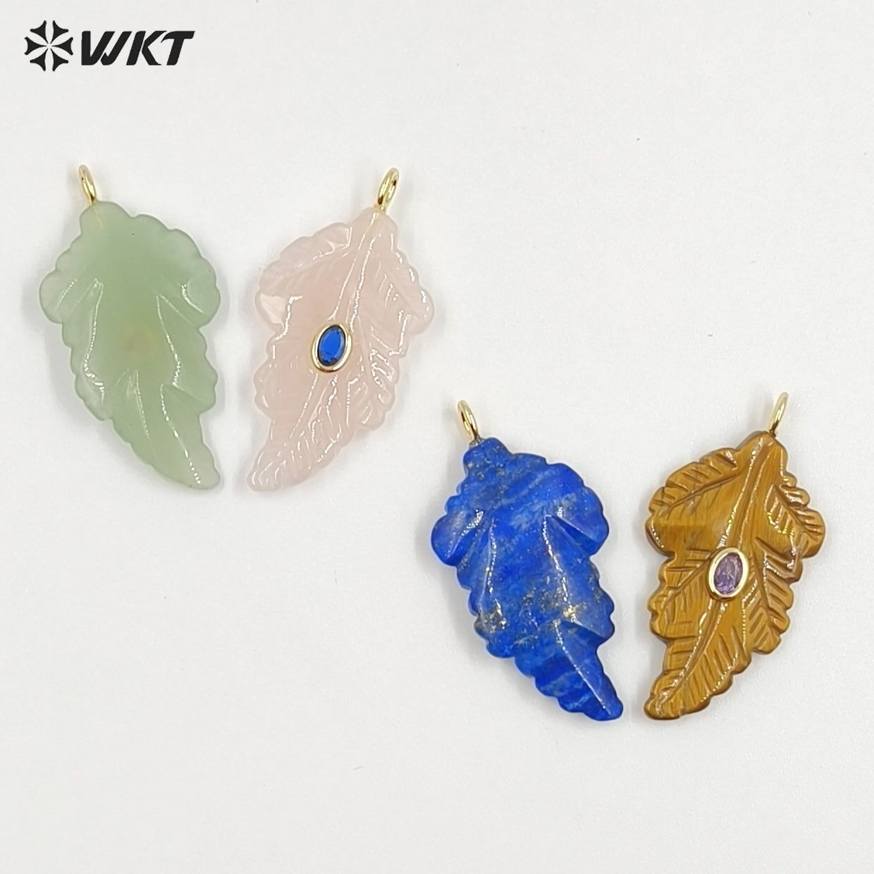 WT-P2094 High Quality Zircon Setting In Natural Gemstones Hand Carved Leaf Shape Pendants For Trendy Necklace Decorations