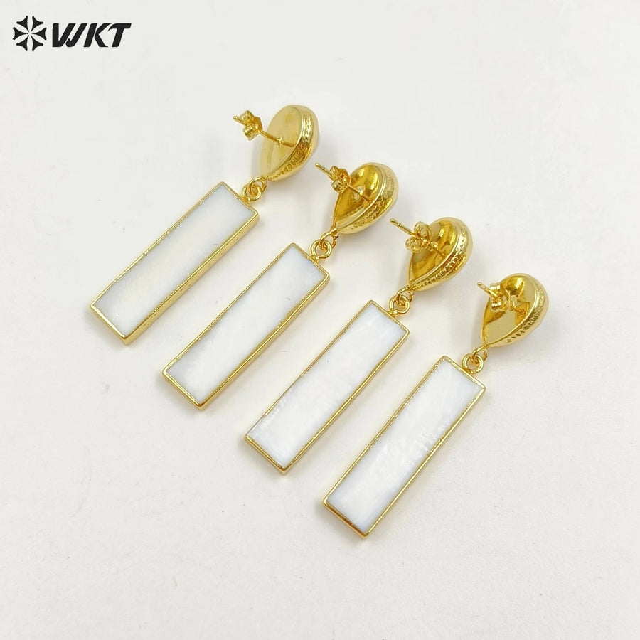 WT-E421 Elegant Snow-white Shell Women Earrings Shell Rectangular Bar Drop Earring With White Crystal Nail Earrings Jewelry