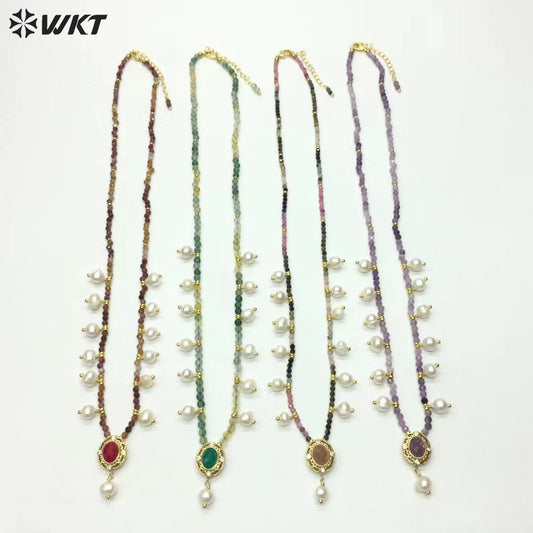 WT-N1473 WKT Elegant Handmade Natural Faceted Tiny Gemstone Beads Craft Delicate 16 Inch Long Stone Necklace
