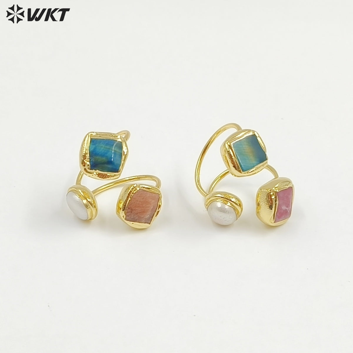 WT-R573 Wonderful Vintage Style 18K Gold Plated Double Natural Stones And Pearl Adjustable Women Rings As Party Present
