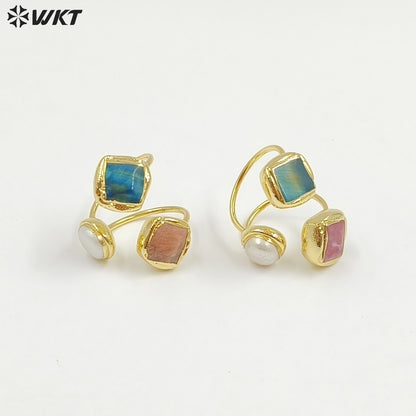 WT-R573 Wonderful Vintage Style 18K Gold Plated Double Natural Stones And Pearl Adjustable Women Rings As Party Present