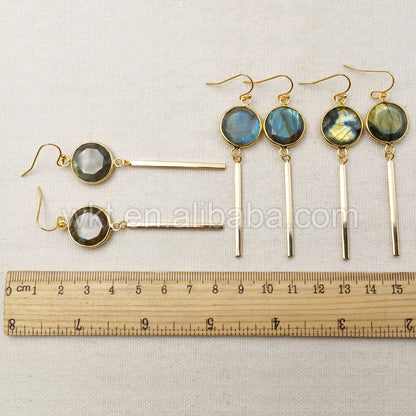 WT-E323 Wholesale Natural Round Labradorite Earring, 24K Real Gold Plated With Fashion Metal Bar Labradorite Earring