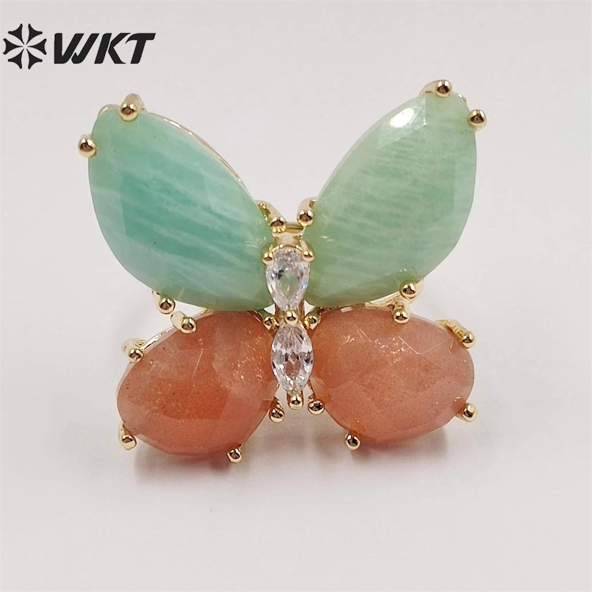 WT-R464 Amazing Natural Gemstone Carved Stone Ring Gorgeous Women Gold Plated Hand Carved Fashion Butterfly Ring