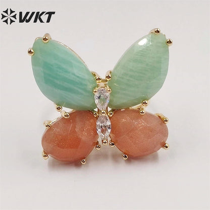 WT-R464 Amazing Natural Gemstone Carved Stone Ring Gorgeous Women Gold Plated Hand Carved Fashion Butterfly Ring