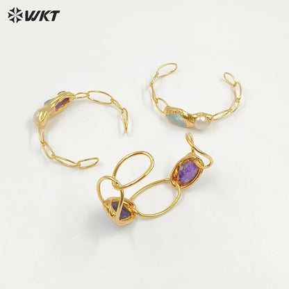 WT-B699 Wonderful Natural Gemstones Amethyst And Pearl Gold Plated Adjustable Size Bangles For Women Birthday Gift Free Shipping