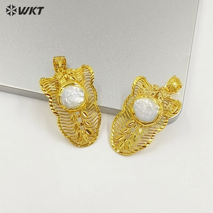 WT-JP419 High Quality Gold Electroplated Round Natural Freshwater Pearl Leaves Shape Charm Pendant For Jewelry Handmade