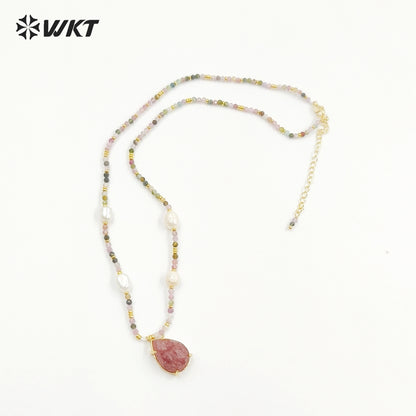 WT-N1436 16+2inch Colorful Chain Natural Gemstone Extend Chain Long Stone Beads Pearl Pendant Necklace