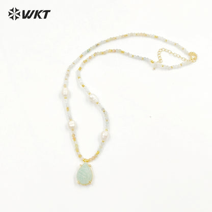 WT-N1436 16+2inch Colorful Chain Natural Gemstone Extend Chain Long Stone Beads Pearl Pendant Necklace