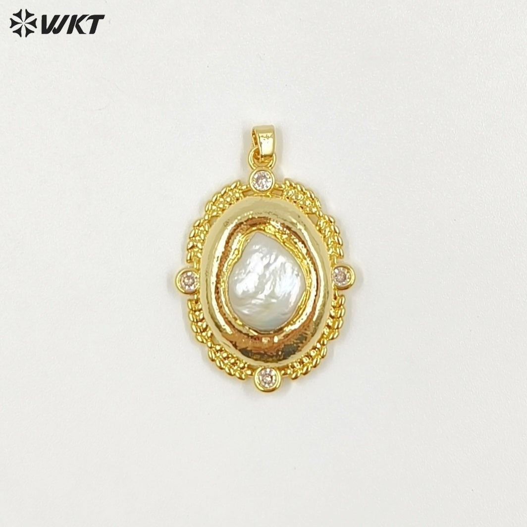 WT-JP455 Simple Design Back Full Gold Electroplated Natural Freshwater Pearl Round Pendants For Boutique Necklace Making