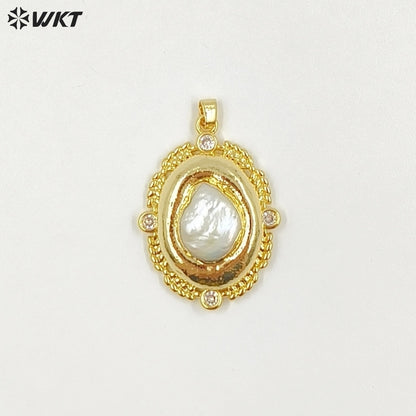 WT-JP455 Simple Design Back Full Gold Electroplated Natural Freshwater Pearl Round Pendants For Boutique Necklace Making