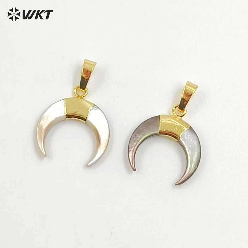 WT-P959 Fashion Natural Grey Crescent Shell Pendant With 24K Real Gold Plated Shell Pendant,Handmade Bail Shell Pendant