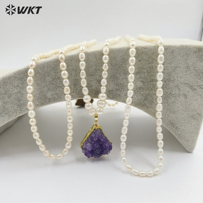 WT-JN259 Amazing Gorgeous Winter Rice Pearl With Big Natural Raw Druzy Amethyst Stone Necklace for Sweater