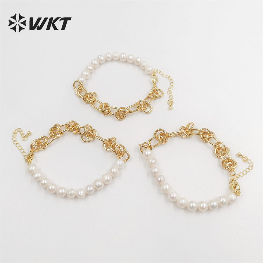 WT-MPB075 Wholesale Fashion Newest Freshwater Pearl Mix Chain Design Bracelet Gorgeous Natural Pearl Beads Chain Women Bracelet