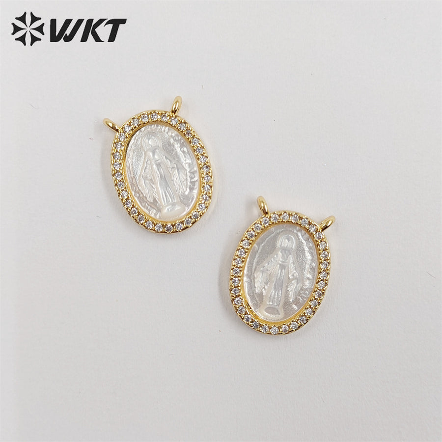 WT-JP329 Newest Lovely Micropaved Cubic Zircon Shell Miraculous Medal Pendant MOP Double Loops Religious Guadalupe Pendant