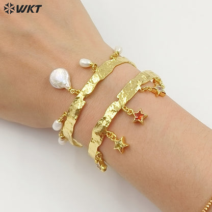 MPB134 Luxury Elegant 18K Gold Plated Natural Pearl And Colorful Zircon Fringed Adjustable Bangles For Lady Fashion Matching