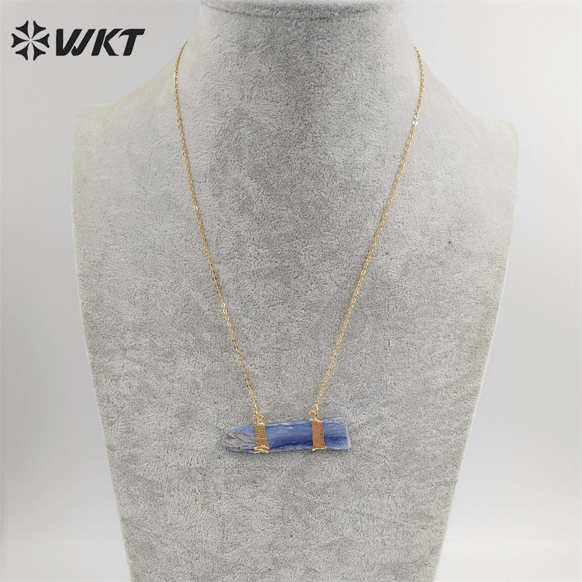 WT-N482 Wholesale Raw Blue Kyanite Double Loops Necklace With 18" Long Chain Natural Raw Blue Stone Kyanite Necklace