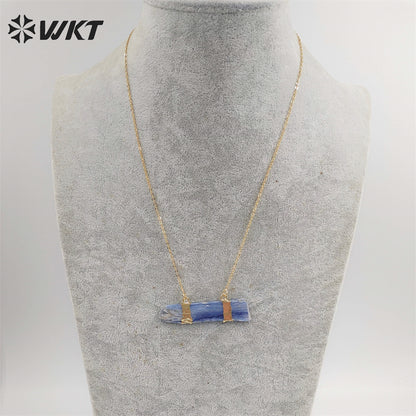 WT-N482 Wholesale Raw Blue Kyanite Double Loops Necklace With 18" Long Chain Natural Raw Blue Stone Kyanite Necklace