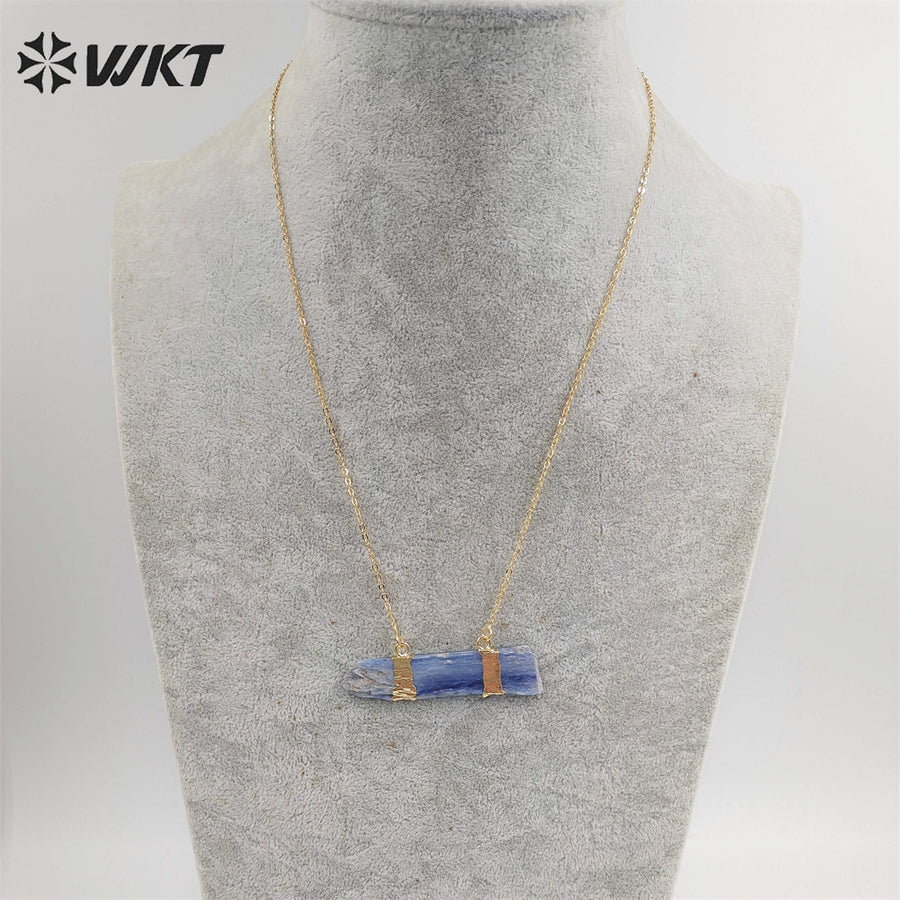 WT-N482 Wholesale Raw Blue Kyanite Double Loops Necklace With 18" Long Chain Natural Raw Blue Stone Kyanite Necklace