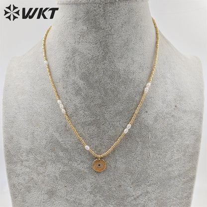 WT-JN179 Wholesale Fashion Gold Plated Tiny Beads Elegant Lady Eye Necklace 2mm Hand Strand Beads Necklace for Friend Birthday