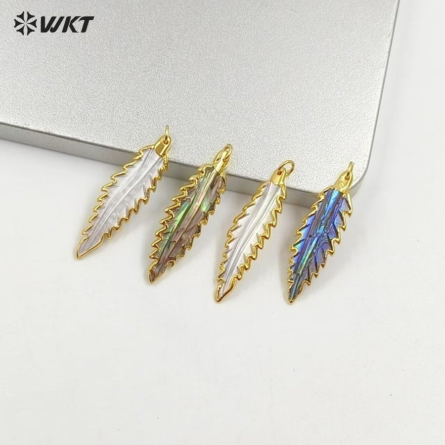 WT-P1090 Fashion Design Carved Feather Shell Pendant,High Quality Gold Plated Edge Long Feather Shell Pendant