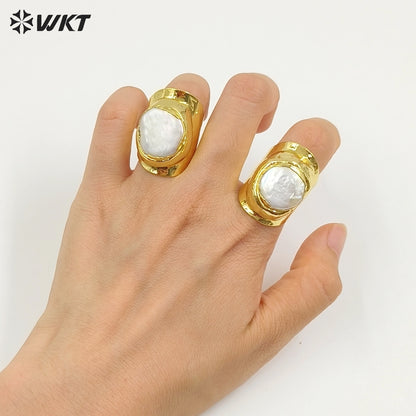 WT-R328 Classic Unique Each One Is Different Shell Jewelry in Gold Plated Adjustable Women's Fine Natural Freshwater Pearl Rings