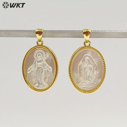 WT-JP464 New Arrival Religious Style Pattern 18 Gold Plated Natural Shell Oval Little Pendants For Women Necklace Making