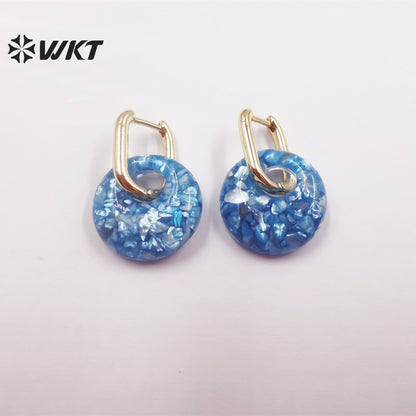 WT-MPE074 Women's Earring Gifts Adorable Petite Shell with Enamel Earrings Colorful Round Pendant 18k Real Gold Plated Earrings