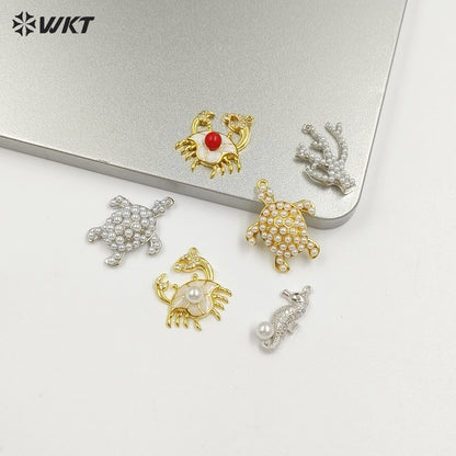 WT-MP310 Wholesale Fine Jewelry Gold And Silver Color Marine Animals Crab Shape Zircon With Artificial Pearl Little Pendants