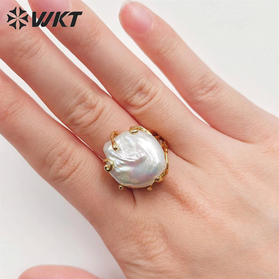 WT-MPR051 Romantic Style Women Freshwater Pearl Ring with 18k Real Gold Plated Delicate Irregular Pearl Setting Gold RING