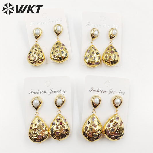WT-MPE088 WKT NEW Design 18k Real Gold Plated Teardrop rubble Tourmaline Made Pearl Studs Earrings Gorgeous Charming Drop Studs
