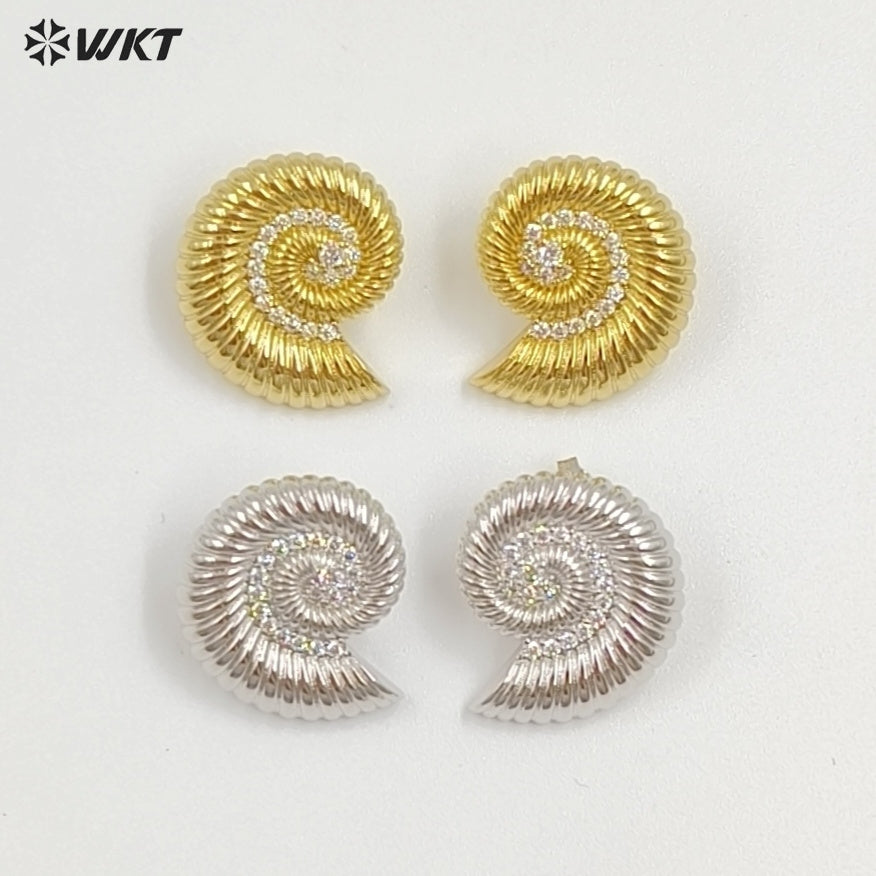 WT-ME128 Wonderful Women Jewelry Yellow Brass With Zircon Conch Shape Gold And Silver Plated Earrings Resist Tarnishable