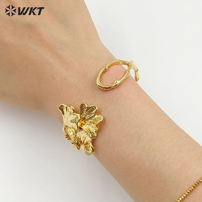 WT-JF383 Wonderful Design 18K Gold Plated Yellow Brass Leaf Shape Metal Cuff Bangle For Women Elegant Summer Decorative Jewelry