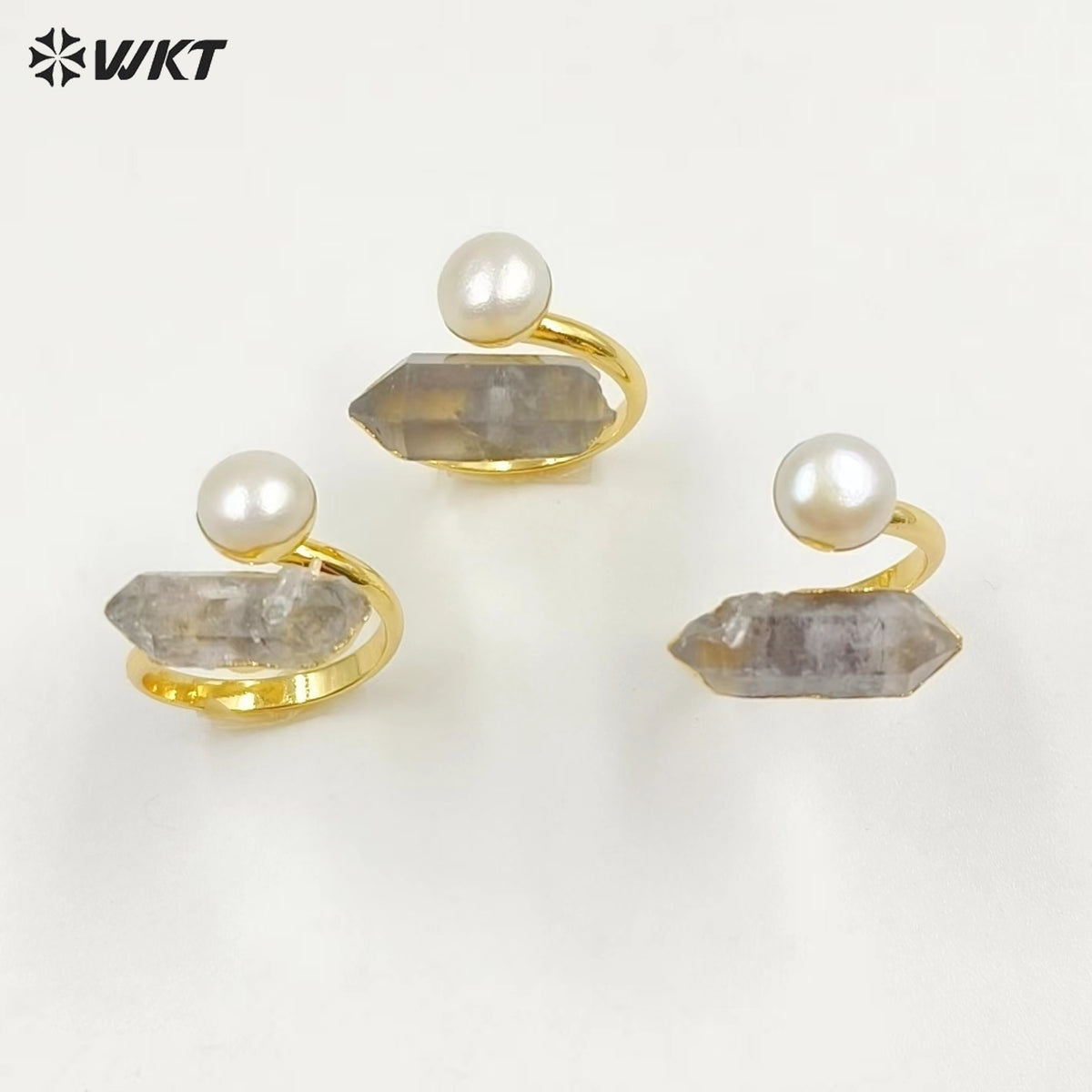 WT-MPR065 Gorgeous Energy Crystal Helkimon Sparkle Diamond Quartz Stone Ring With Pearl for Women Lucky Unique Design