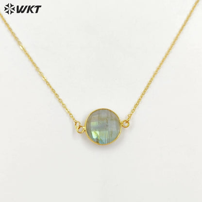 WT-N754 Sparkly Natural Faceted Labradorite Connectors Necklace,Bezel Round Shape 15mm Raw Double Bails Labradorite Necklace
