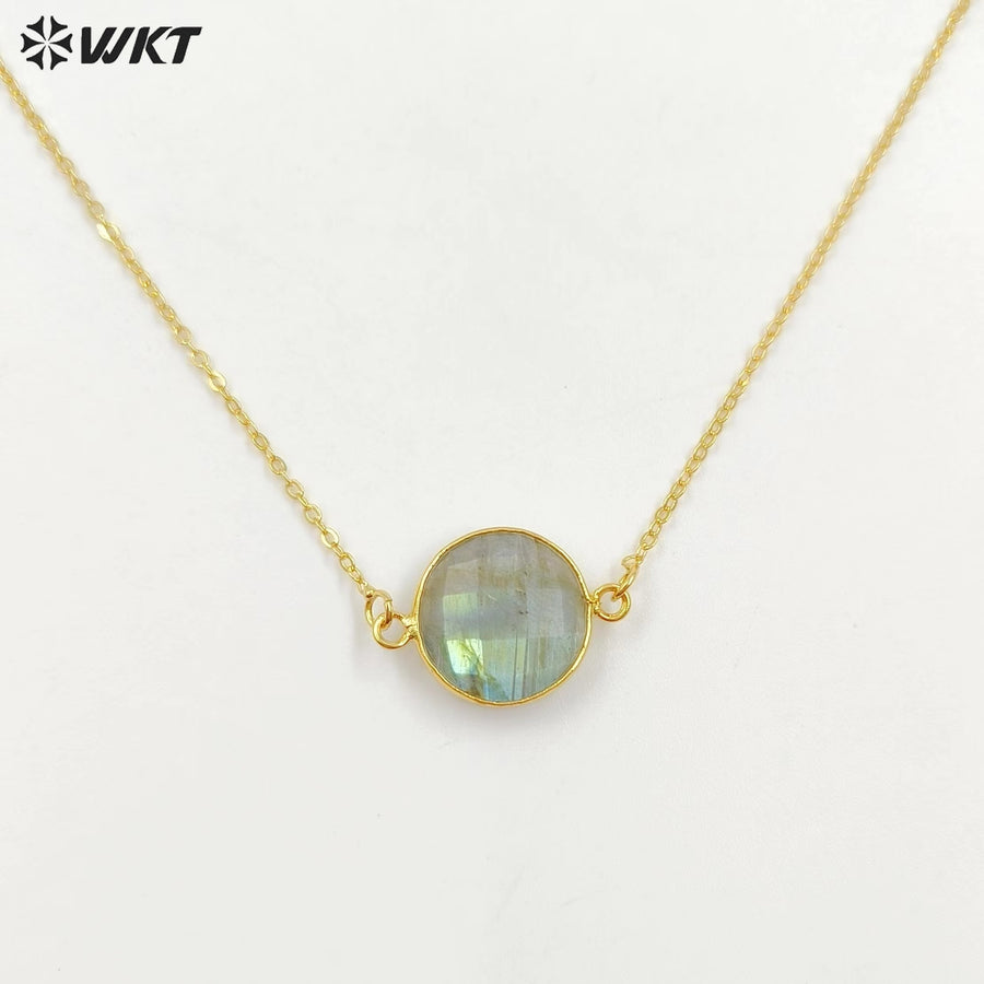WT-N754 Sparkly Natural Faceted Labradorite Connectors Necklace,Bezel Round Shape 15mm Raw Double Bails Labradorite Necklace