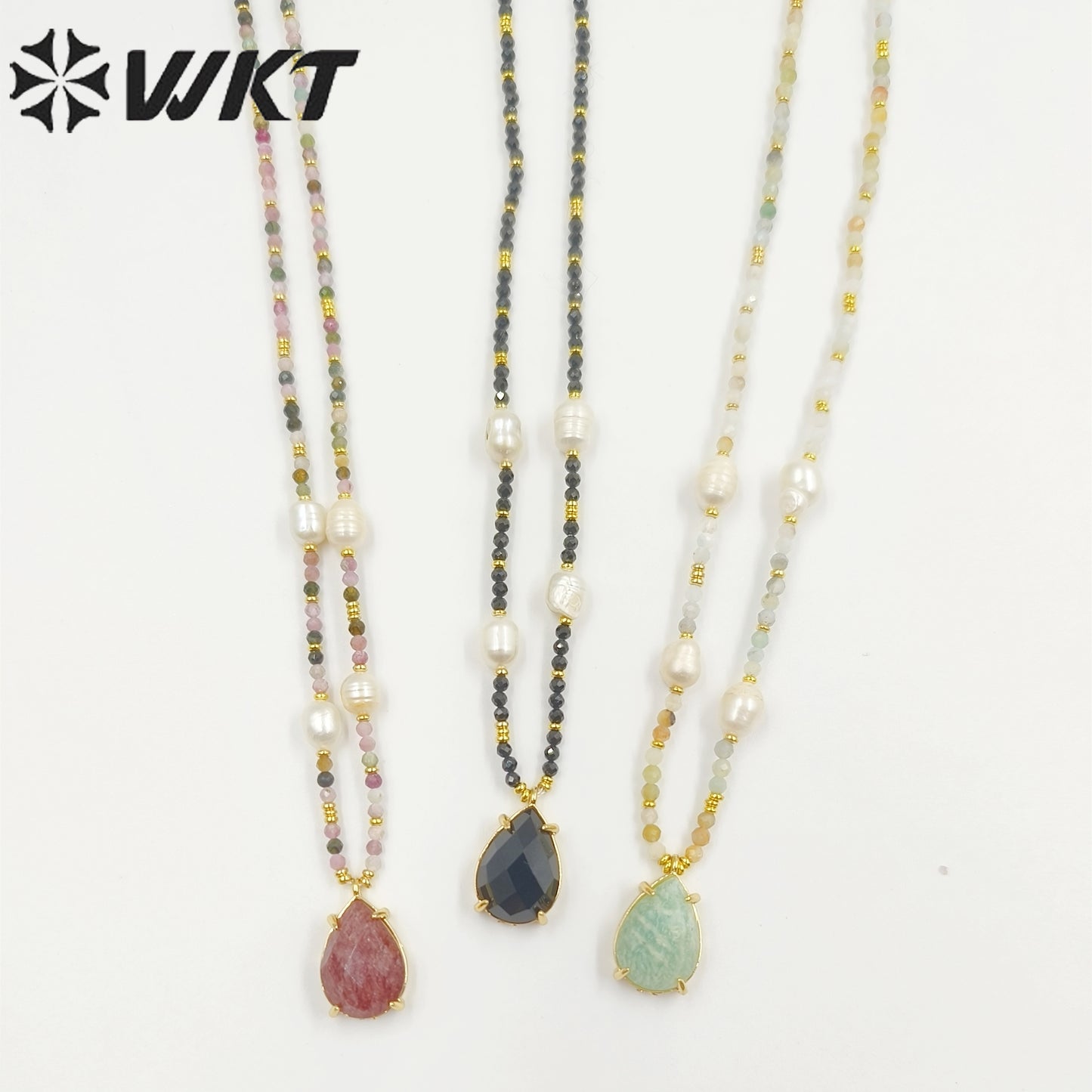 WT-N1436 16+2inch Colorful Chain Natural Gemstone Extend Chain Long Stone Beads Pearl Pendant Necklace