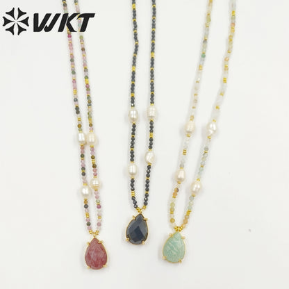 WT-N1436 16+2inch Colorful Chain Natural Gemstone Extend Chain Long Stone Beads Pearl Pendant Necklace