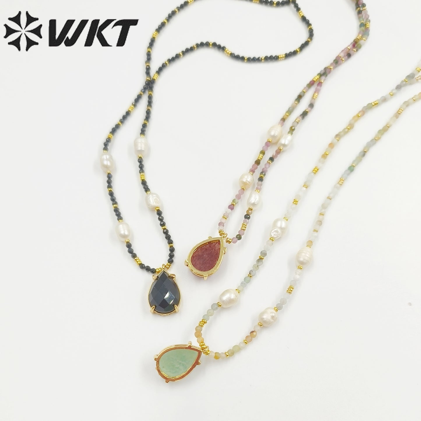 WT-N1436 16+2inch Colorful Chain Natural Gemstone Extend Chain Long Stone Beads Pearl Pendant Necklace