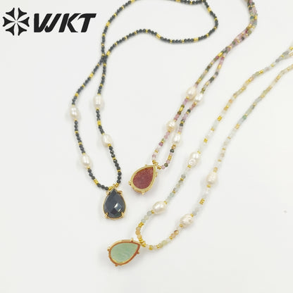 WT-N1436 16+2inch Colorful Chain Natural Gemstone Extend Chain Long Stone Beads Pearl Pendant Necklace