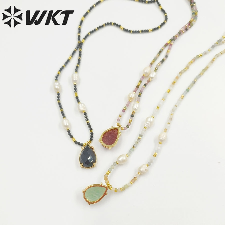 WT-N1436 16+2inch Colorful Chain Natural Gemstone Extend Chain Long Stone Beads Pearl Pendant Necklace