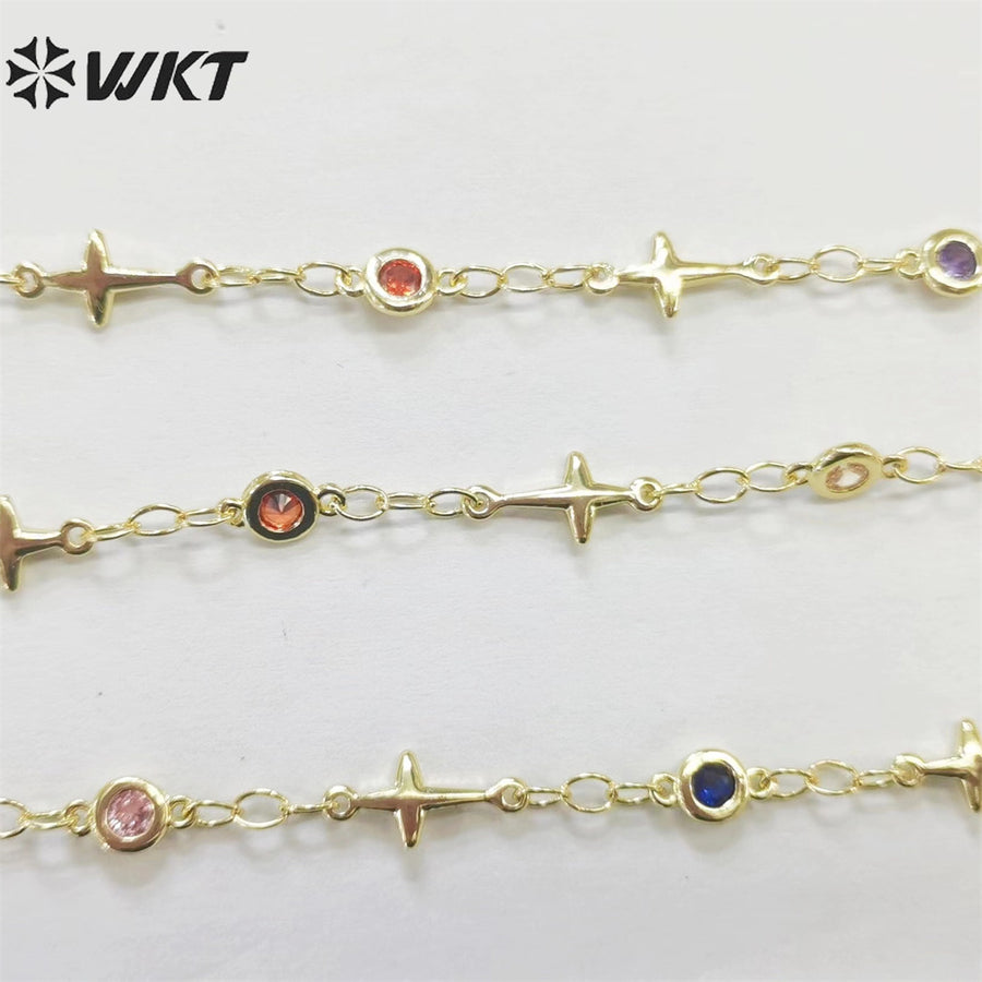 WT-RBC213 Fashion Gold Plated Colorful Cubic Zircon Cross Chain Religious Charming Jewelry DIY Making Chain for Bracelet