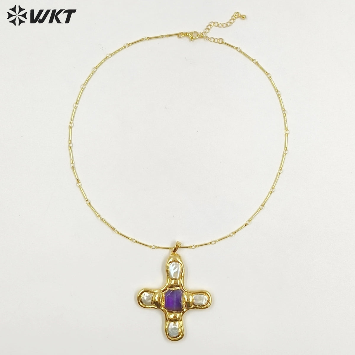 WT-JN169 Wholesale New Fashion Trendy Pearl Cross Shape Turquoises Pendant Necklace Gold Electroplated Necklace Green Stone