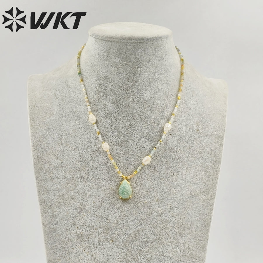 WT-N1436 16+2inch Colorful Chain Natural Gemstone Extend Chain Long Stone Beads Pearl Pendant Necklace