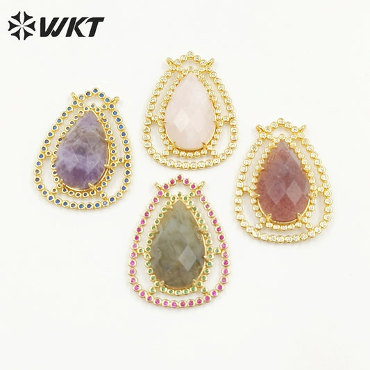 WT-MP258 Newest Charming Cubic Zircon Stone Connectors for Bracelet Design Women Gold Bezel Double Loops Round Pendant