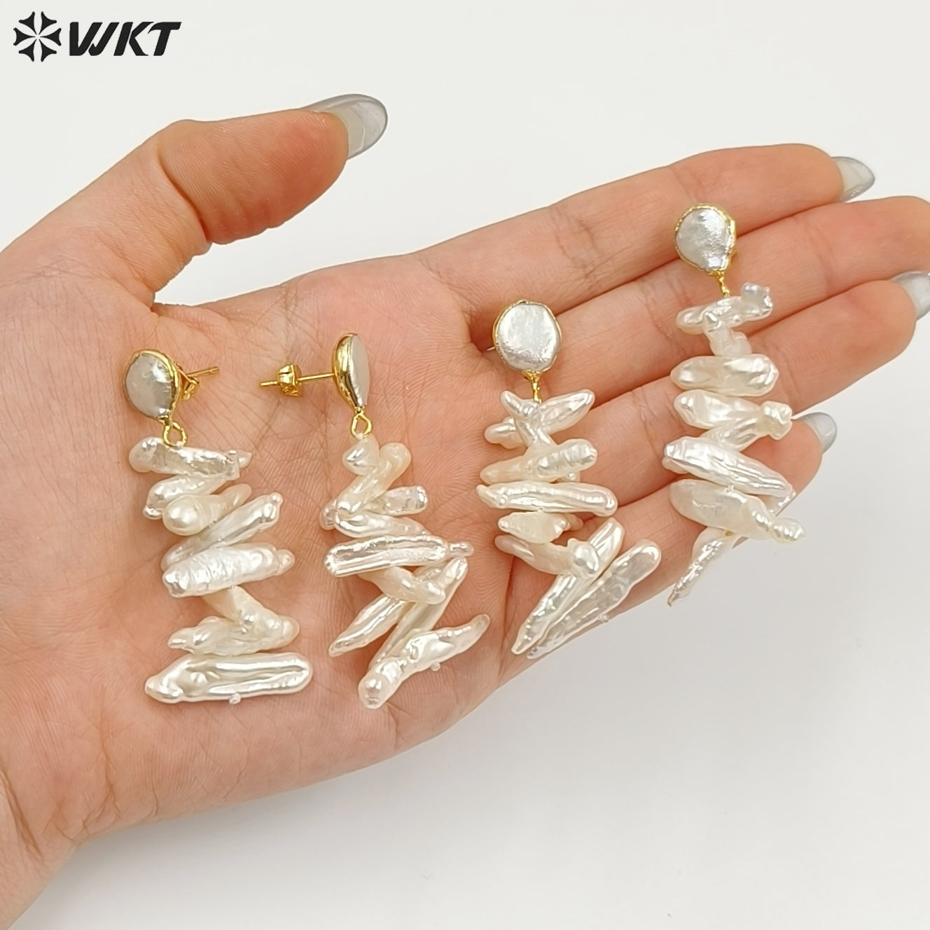 WT-E498 Irregular Shape Pearl Earring Stud With Long Bar Pearl Random Size Jewelry Natural Freshwater Pearl Earring