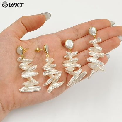 WT-E498 Irregular Shape Pearl Earring Stud With Long Bar Pearl Random Size Jewelry Natural Freshwater Pearl Earring